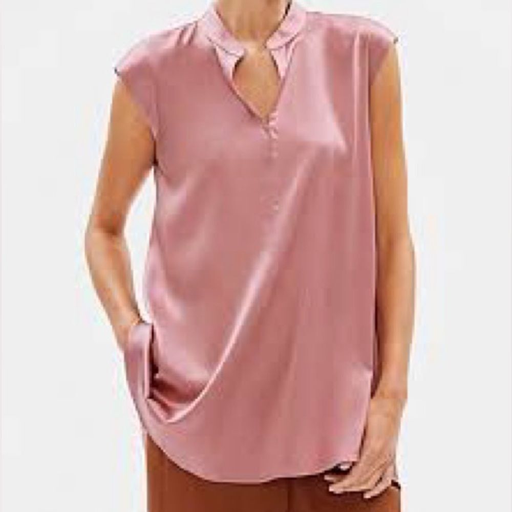 Eileen Fisher Rose Quartz Stretch Silk Charmeuse Tunic Blouse, Size L
